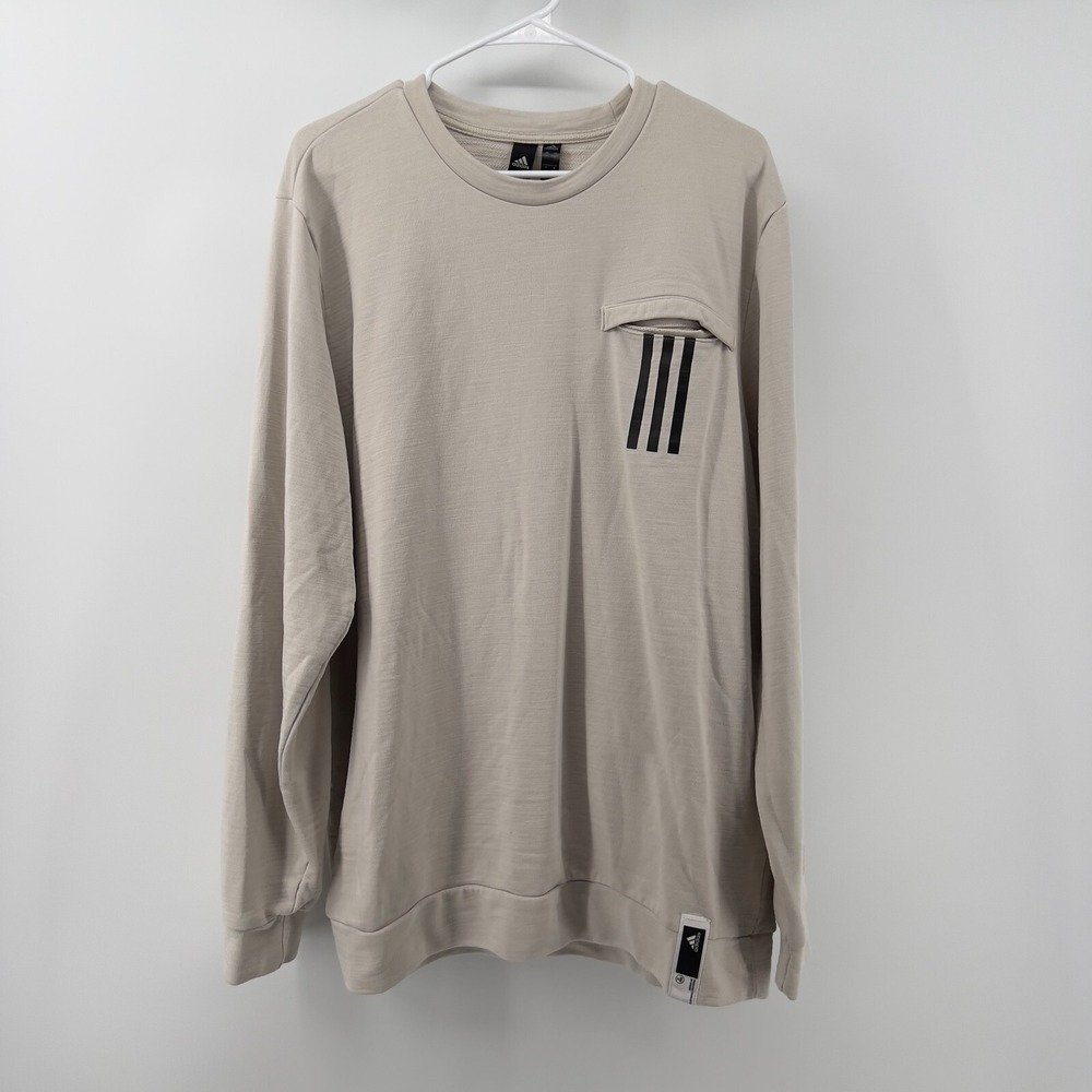 Adidas Men XL Long Sleeve Pullover Beige Crew Neck Pocket Cotton Blend Pocket